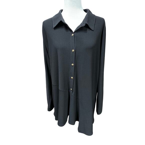 Susan Graver Blouse Liquid Knit Asymmetrical 3/4 Button up Black XL Stretch Flow - Picture 1 of 12